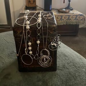A Bundle Of Silver Tone,4 Long Necklaces,Bangle Bracelets,2 Sets of ear rings